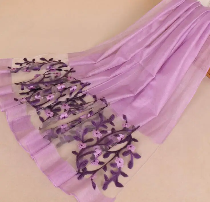 7 light purple Летние красивые цветочные тонкие женские хиджабы летние мусульманские Гази шарфы платок шелковый вышитый органза длинная шаль обёрточная бумага 70X185 см - Цвет: 7 light purple