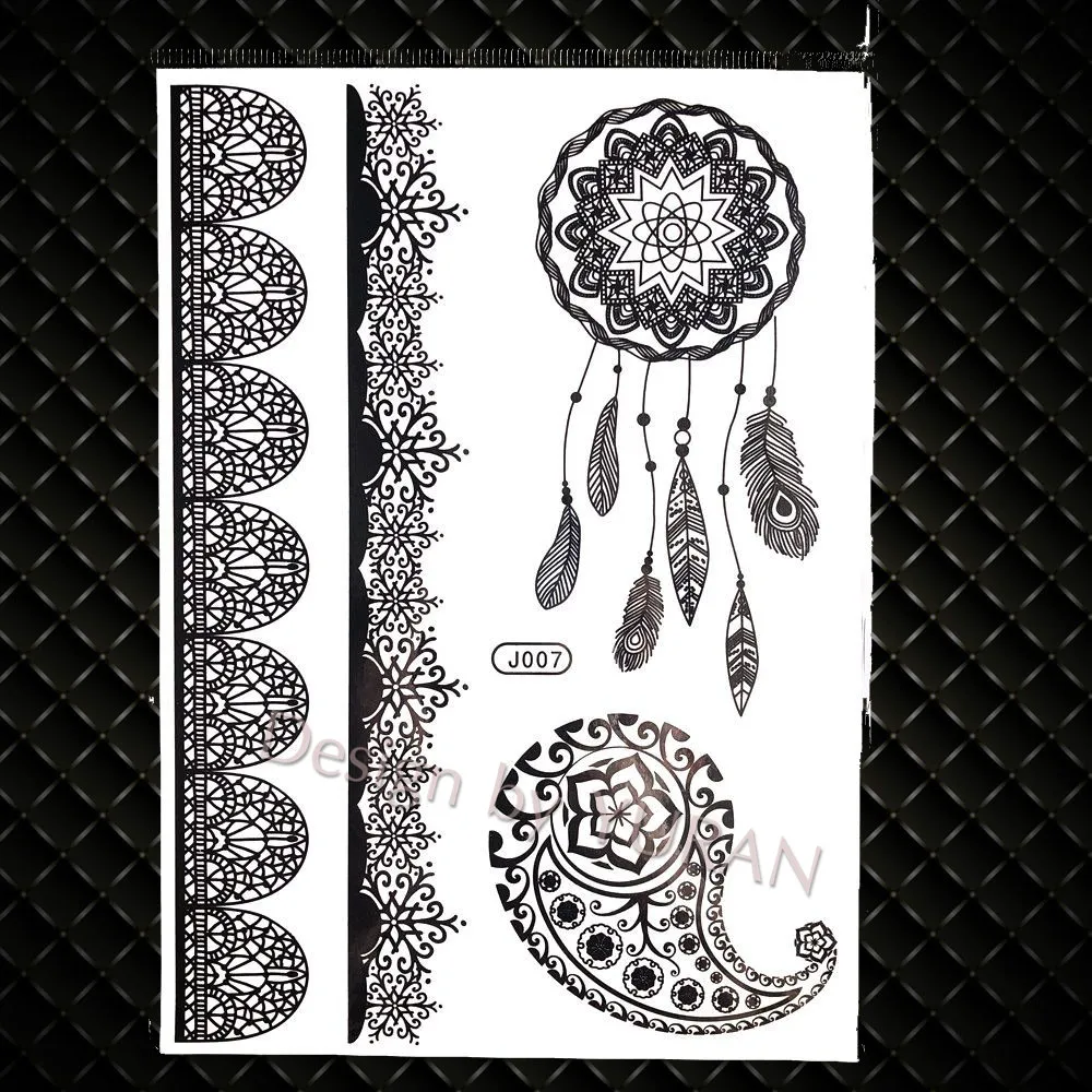 GBJ007 Черный серьги Henna Mandala цветок хны Племенной временная татуировка цепи КИТ Для женщин девочек татуировки золотого и серебряного кружева Водонепроницаемый поддельная татуировка на руку Saturna - Цвет: GBJ007