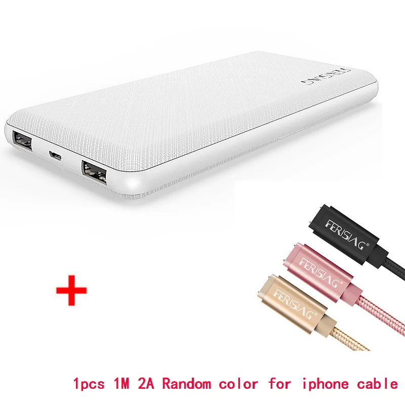 with IOS cable Емкость) FERISING power Bank 10000 мАч двойной USB Pover смартфонов usb порты портативный внешний аккумулятор - Цвет: with IOS cable