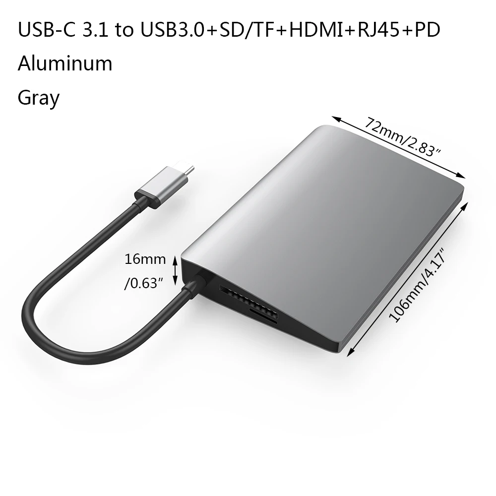 Zomy aluminum HUB multiport USB-C 3.1 to USB 3.0+SD/TF+RJ45+PD docking station HDMI Gigabit Ethernet Adapter for windows laptop |