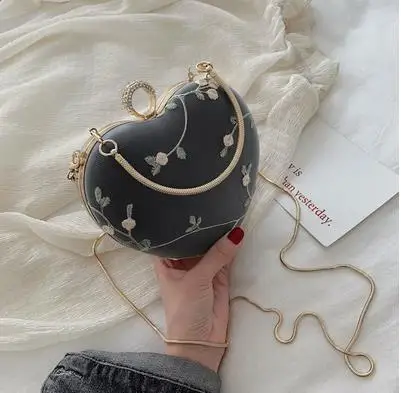 black L Модные женские вечерние сумочки-клатчи с кружевным кольцом в форме сердца и бриллиантами, вечерняя сумочка, дамская сумочка на цепочке, сумка через плечо, женская сумка на плечо - Цвет: black L