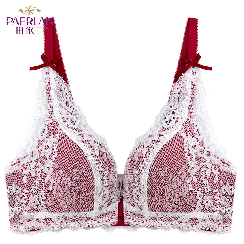 

PAERLAN Summer Comfortable Breathable Anti-exposure Underwear Women Thin Section No Steel Ring Front Buckle Hollow Lace Bra