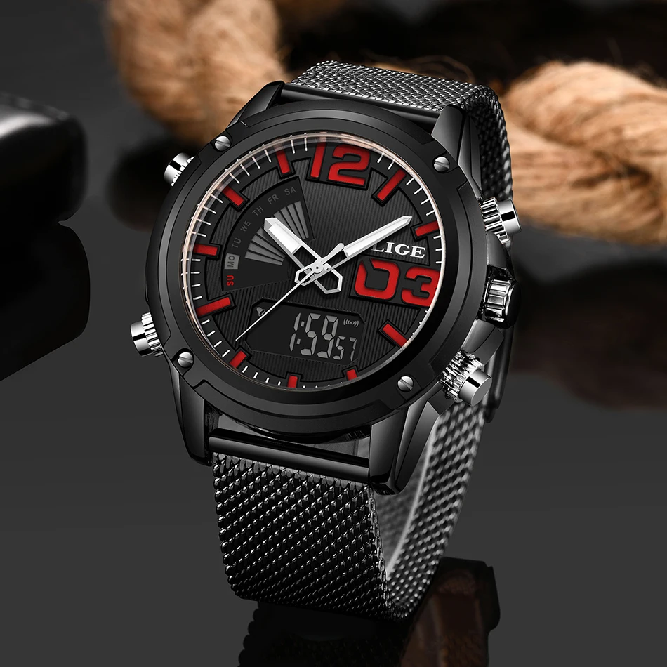 Часы наручные LIGE Мужские кварцевые Светодиодные люксовые Брендовые спортивные