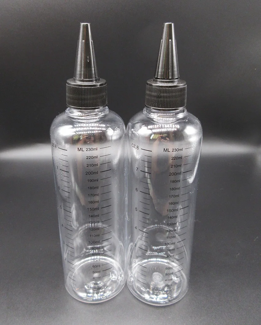 PET 230ml liquid bottle with twist off cap ,graduation bottle silk printing for hair gel free shipping