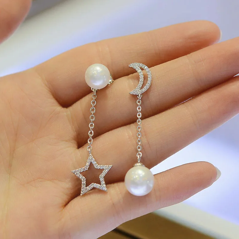Korean Vintage Accessories Full Rhinestone Asymmetric Moon Five-pointed Stars Drop Long Earrings Boucle D' Orielle Brincos E561 |