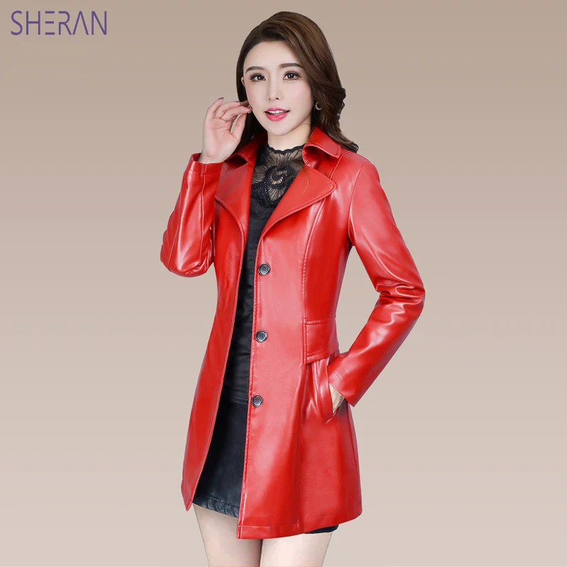 red Блузон Cuir Femme Длинные Куртки из искусственной кожи Черный Красный приталенное кожаное пальто осень зима женские кожаные куртки верхняя одежда - Цвет: red