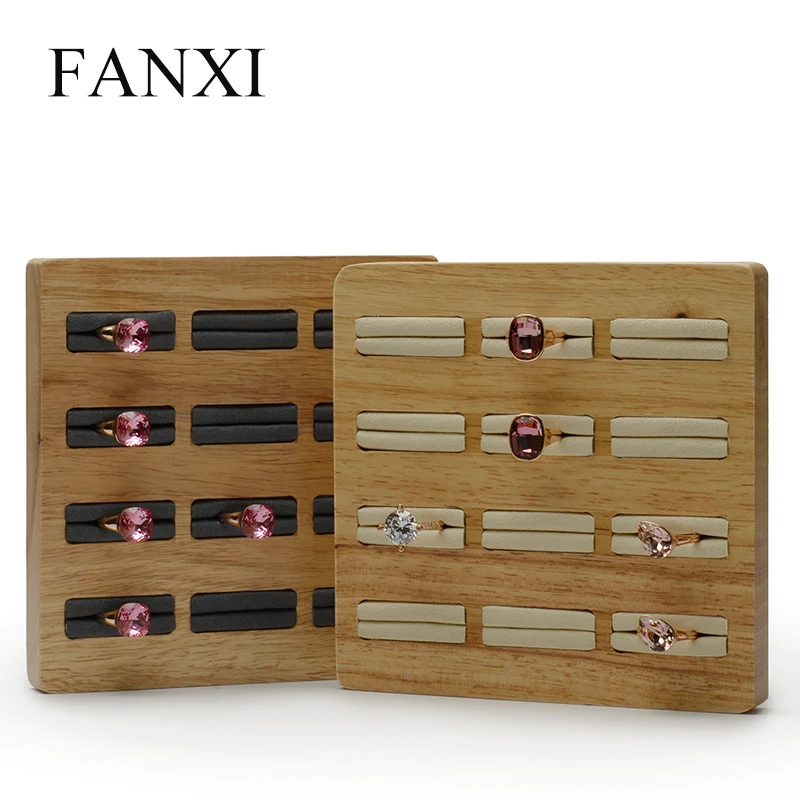 FANXI твердое дерево кольцо Дисплей Стенд 12 слотов кольцо держатель с микрофиброй вставка бежевый и темно серый ювелирные изделия лоток кольцо Органайзер