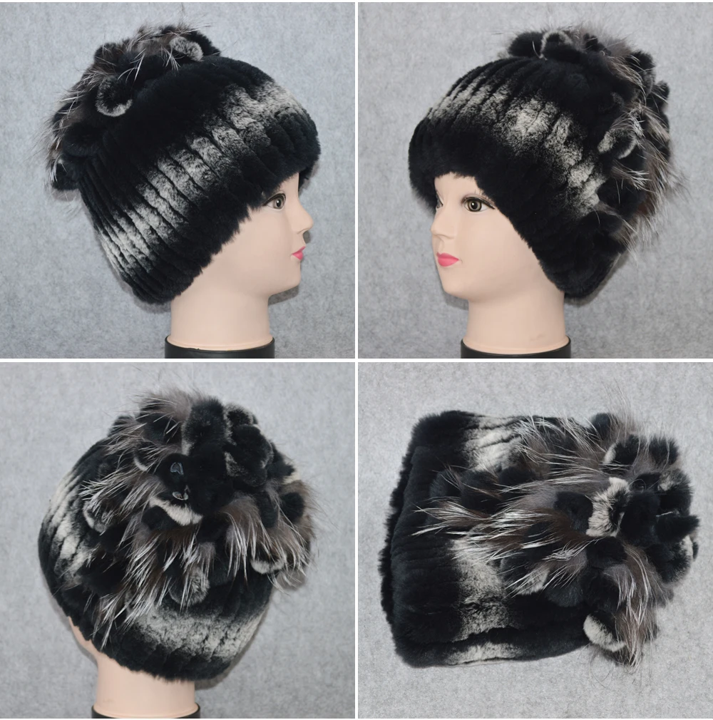 Новые женские шапки Настоящий мех кролика Skullies, роскошные эластичные вязаные цветочные шапки из натурального меха кролика Рекс, зимние шапки из натурального меха