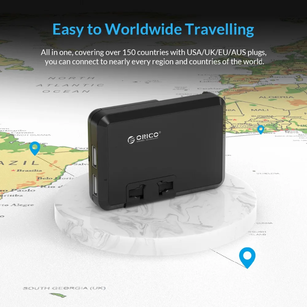 ORICO, 2 usb порта, зарядное устройство, универсальная дорожная электрическая вилка, AU, US, UK, EU, AC вилка, адаптеры питания, конвертер, черная настенная розетка