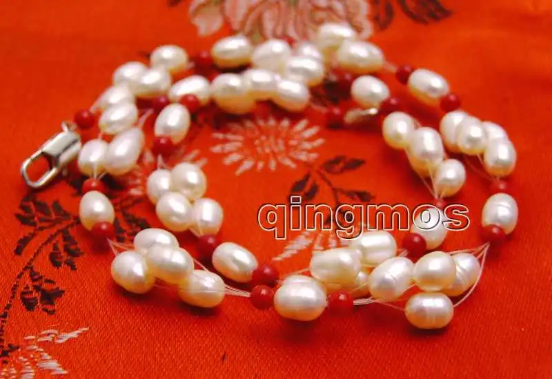 

5-6mm White Rice Natural freshwater pearl and 3-4mm Red Coral 17'' Necklace-nec6208 Wholesale/retail Free ship
