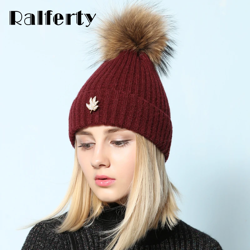 Ralferty Leaf Beanies Skullies помпон из меха енота шапка для женщин женские вязаные теплые зимние шапки лыжи gorros прочная чашка