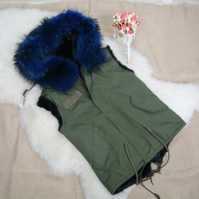 Jancoco Max новый зеленый жилет черная подкладка с настоящим воротники из меха енота