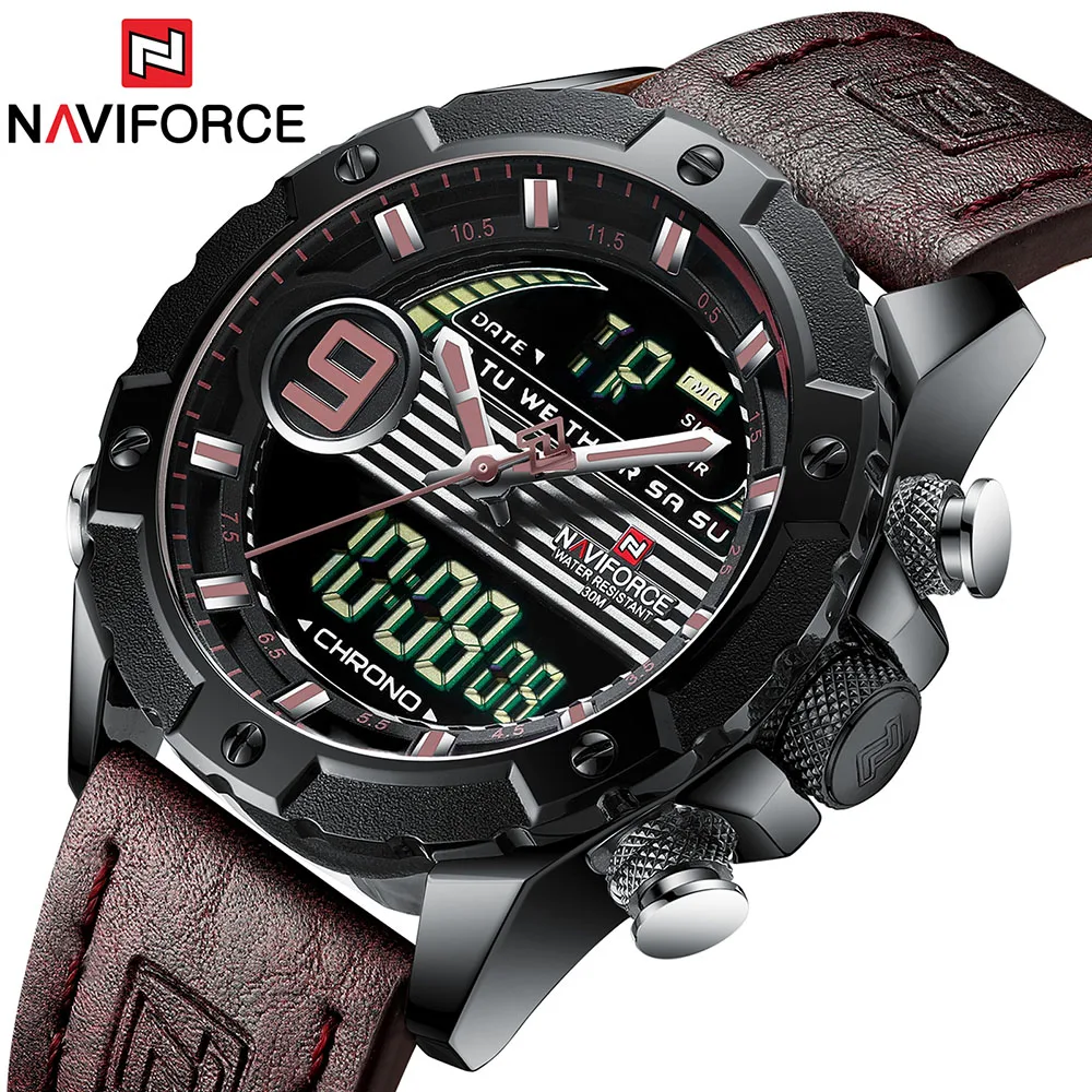 NAVIFORCE 9146 модные красные мужские спортивные часы светодиодные аналоговые