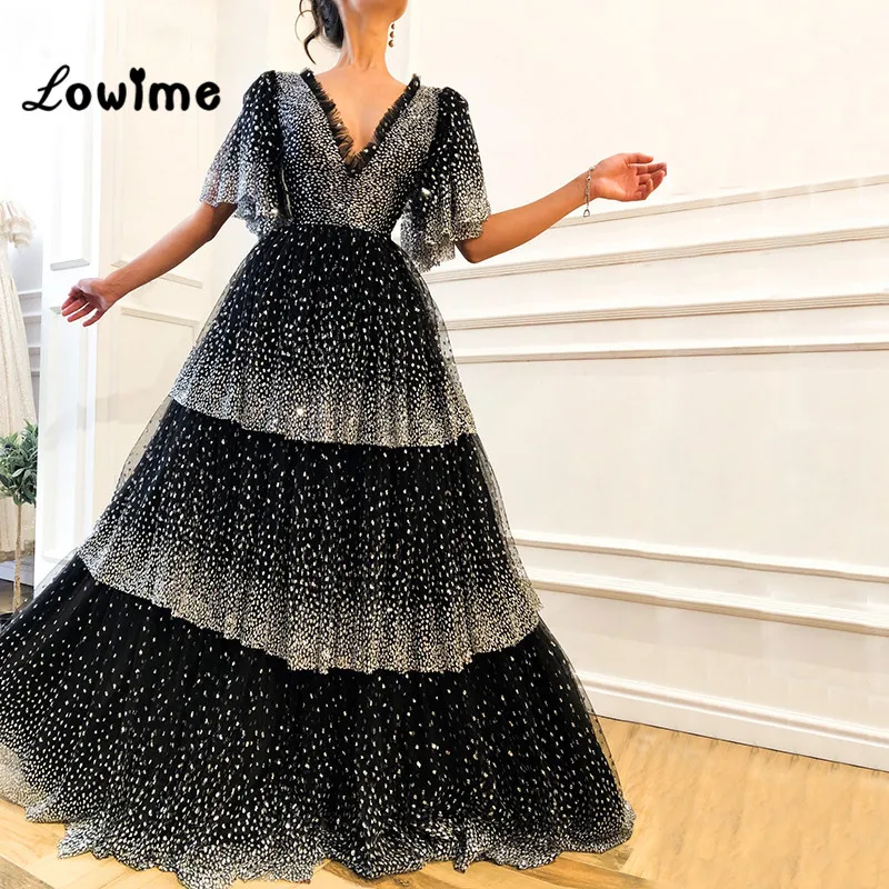 

Couture Black and Silver Kaftan Evening Dresses Shiny Fabric Long Prom Dresses 2019 Robe De Soiree Longue Arabic Formal Gowns