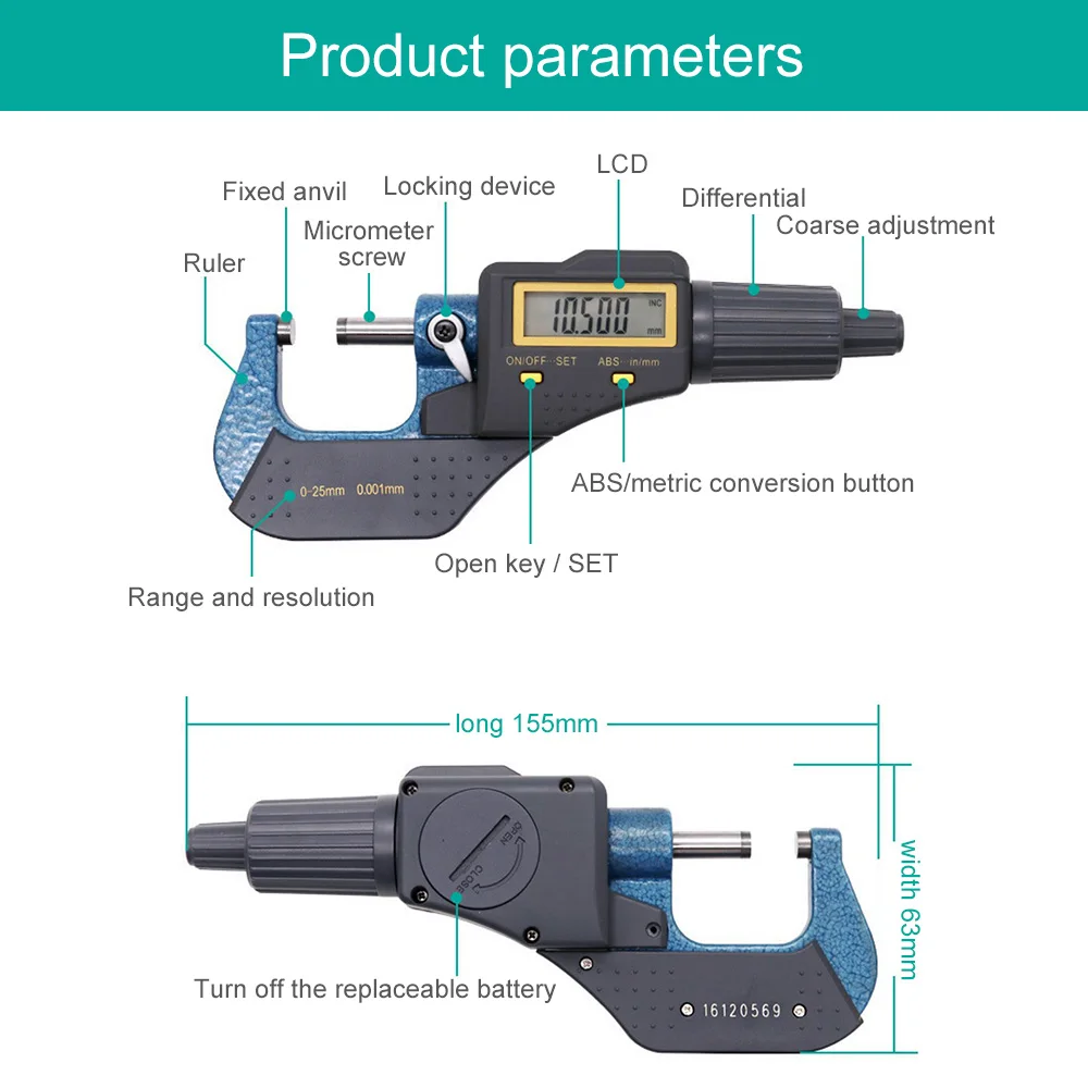 

Digital Gauge Measuring Micrometer 0-25mm 0.001mm Metric/Inch Electronic Outside Micrometer Carbide Tip Digital Measuring Tools