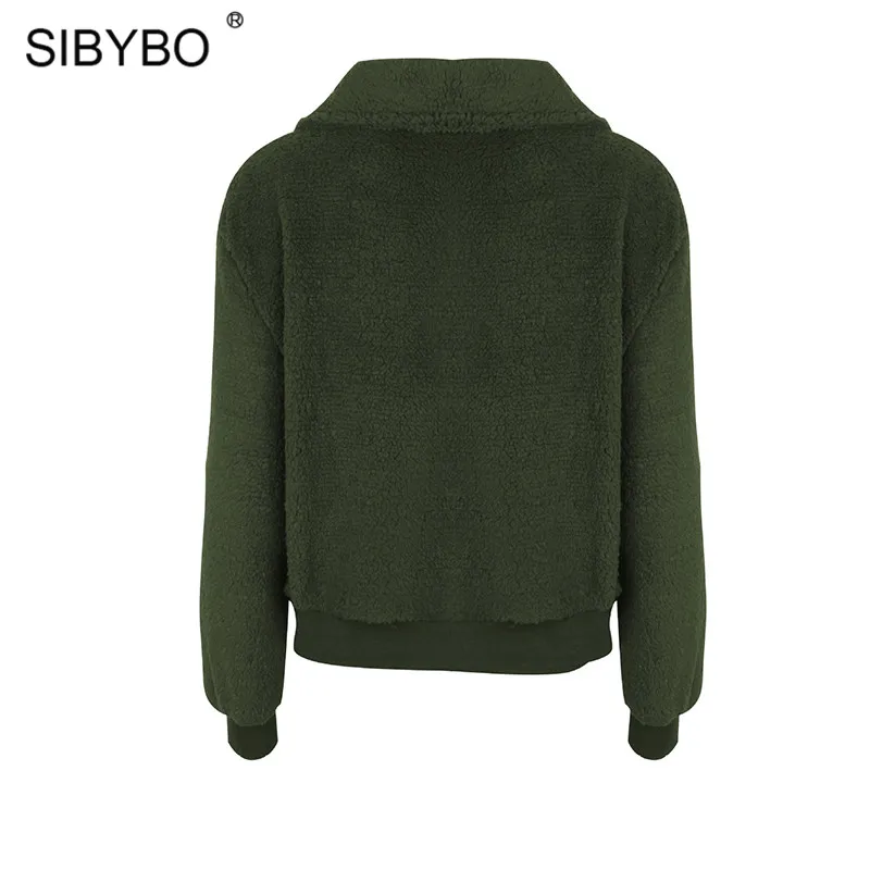 SIBYBO плюшевый уютный теплый зимний женский жакет с длинным рукавом и карманами, приталенные женские пальто и куртки, одноцветные повседневные осенние женские топы