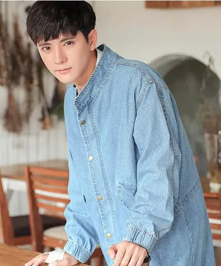 

M-XXL!!! 2018 Vintage personality denim trench male spring and autumn medium-long loose stand collar handsome overcoat outer
