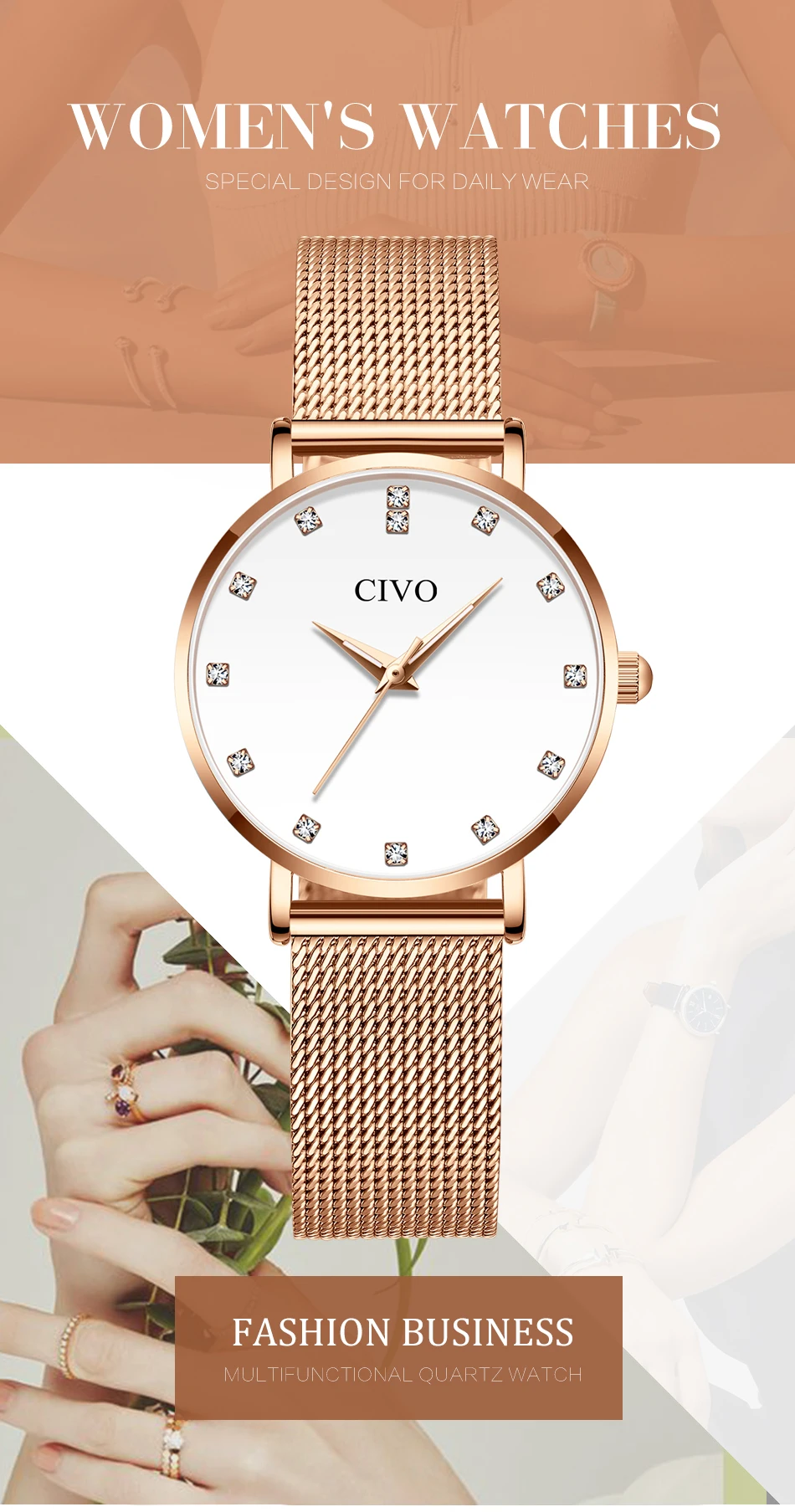 CIVO модные наручные часы для женщин, роскошные часы с бриллиантовым браслетом, водонепроницаемые тонкие стальные сетчатые женские кварцевые часы Relojes Mujer