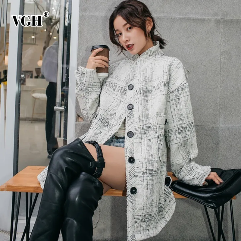VGH весна и осень клетчатое пальто Женская куртка воротник стойка длинный рукав