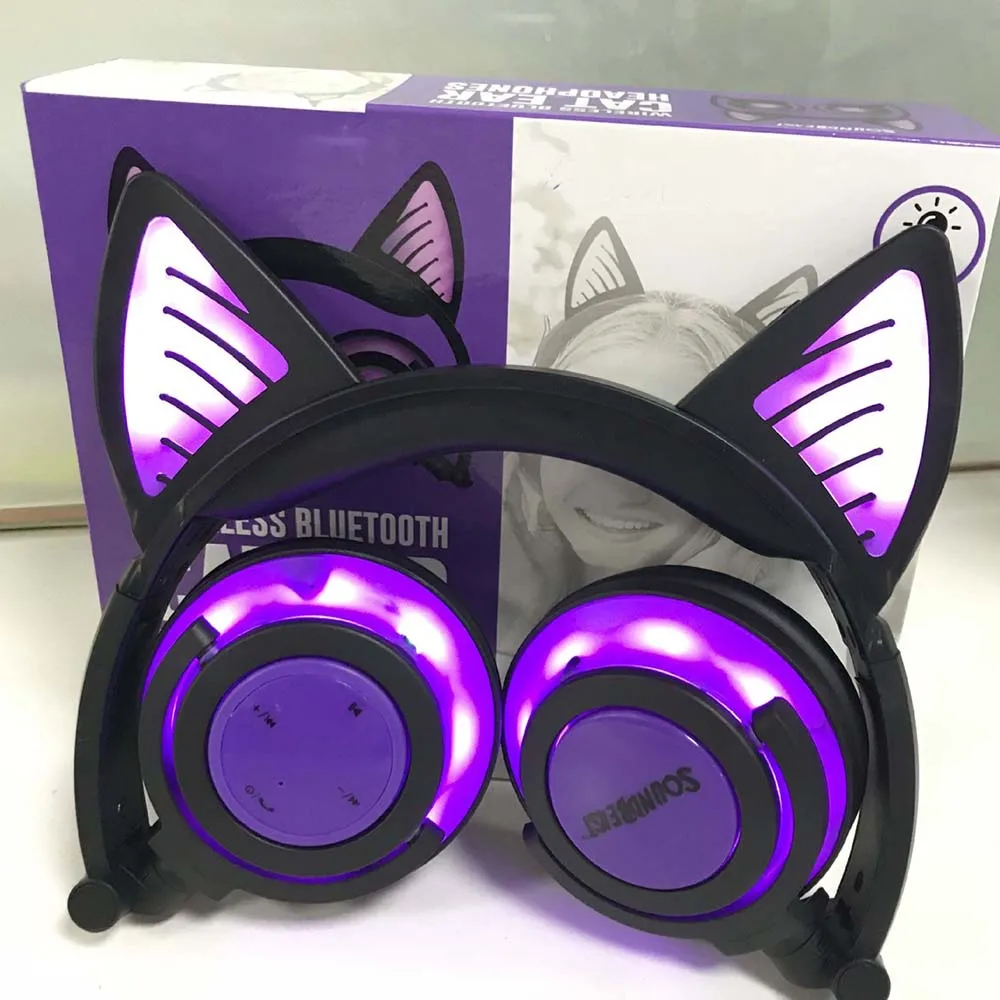 Bluetooth наушники с животными кошачьими ушками беспроводные наушники светодиодный мигающий светящийся подарочные наушники для детей девочек мальчиков наушники - Цвет: Фиолетовый