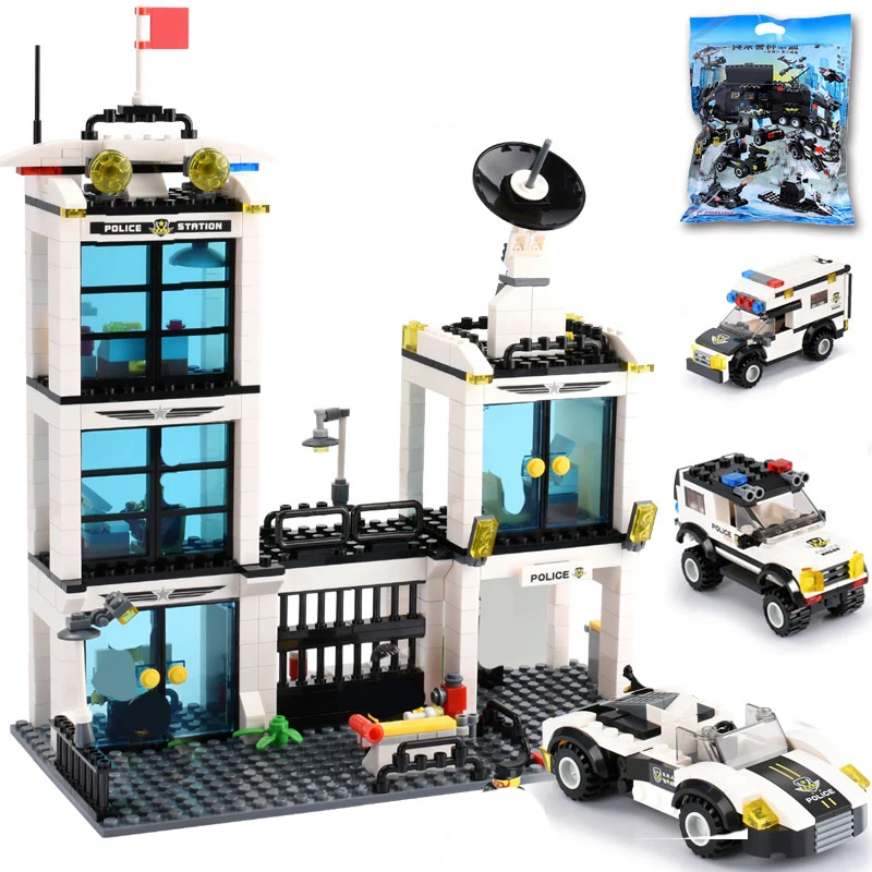 818PCS SWAT City Police Station Building Blocks Policeman Figures Blocks Children DIY Police Cars Brick Toy lepin 02081 city police the coast guard head quarters building blocks boat helicopter sea exploration ship rescue 60167 brick