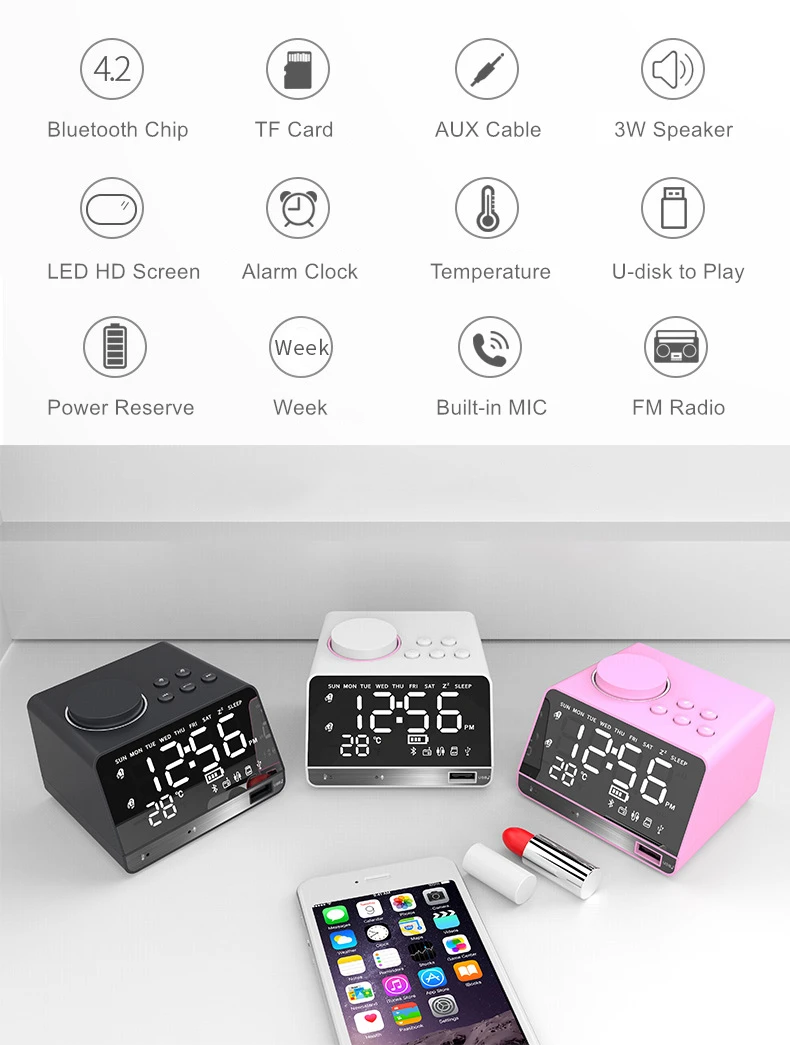 EXRIZU беспроводной Bluetooth динамик настольные часы FM радио зеркало светодиодный сабвуфер TF AUX u-диск музыкальный плеер для сон кровать комнаты