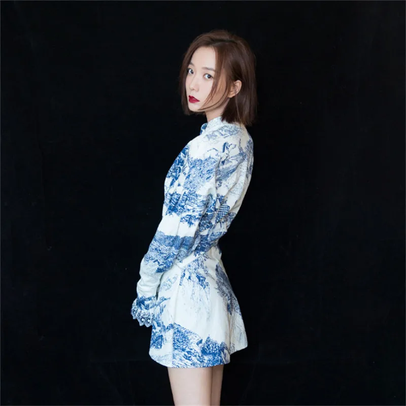 2019 летнее тонкое синее платье с длинными рукавами и принтом две цены СО СТОЯЩИМ