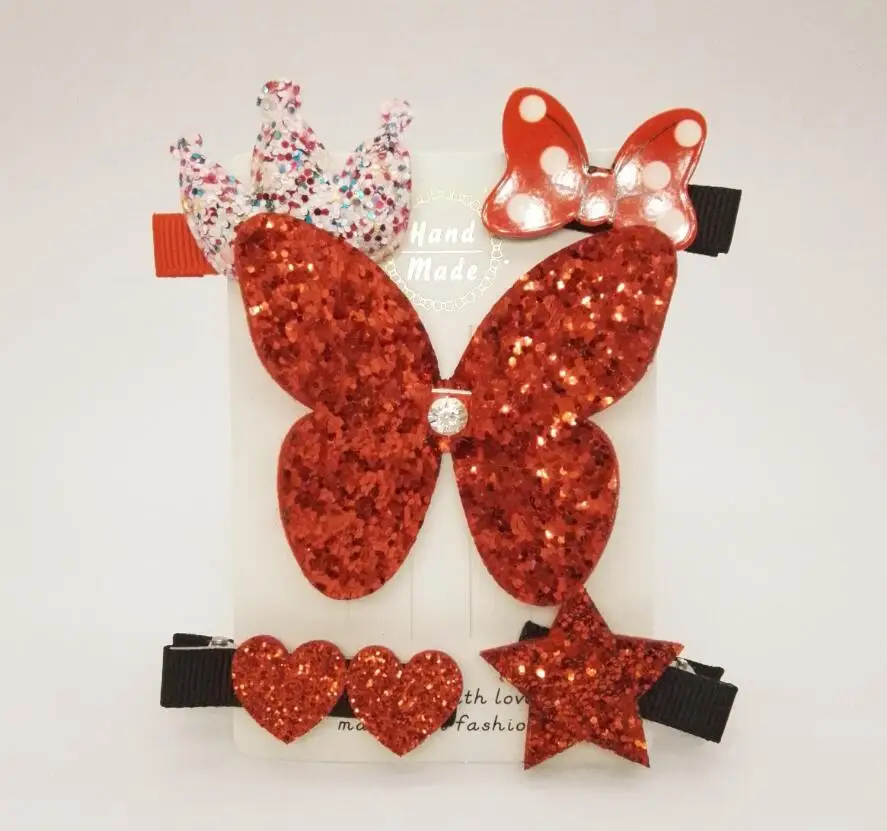 red butterfly 5 шт. набор аксессуаров для волос для девочек серая корона заколка для волос с кроликом блестящая большая бабочка Звезда шпилька детская заколка головной убор - Цвет: red butterfly