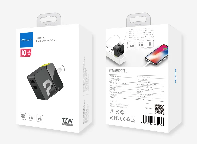 2 4 USB зарядное устройство Rock Универсальный адаптер для быстрой зарядки 5V2. 4A 5V4A EU US штекер для iPhone 7 X XS Max samsung S10 Plus Xiaomi