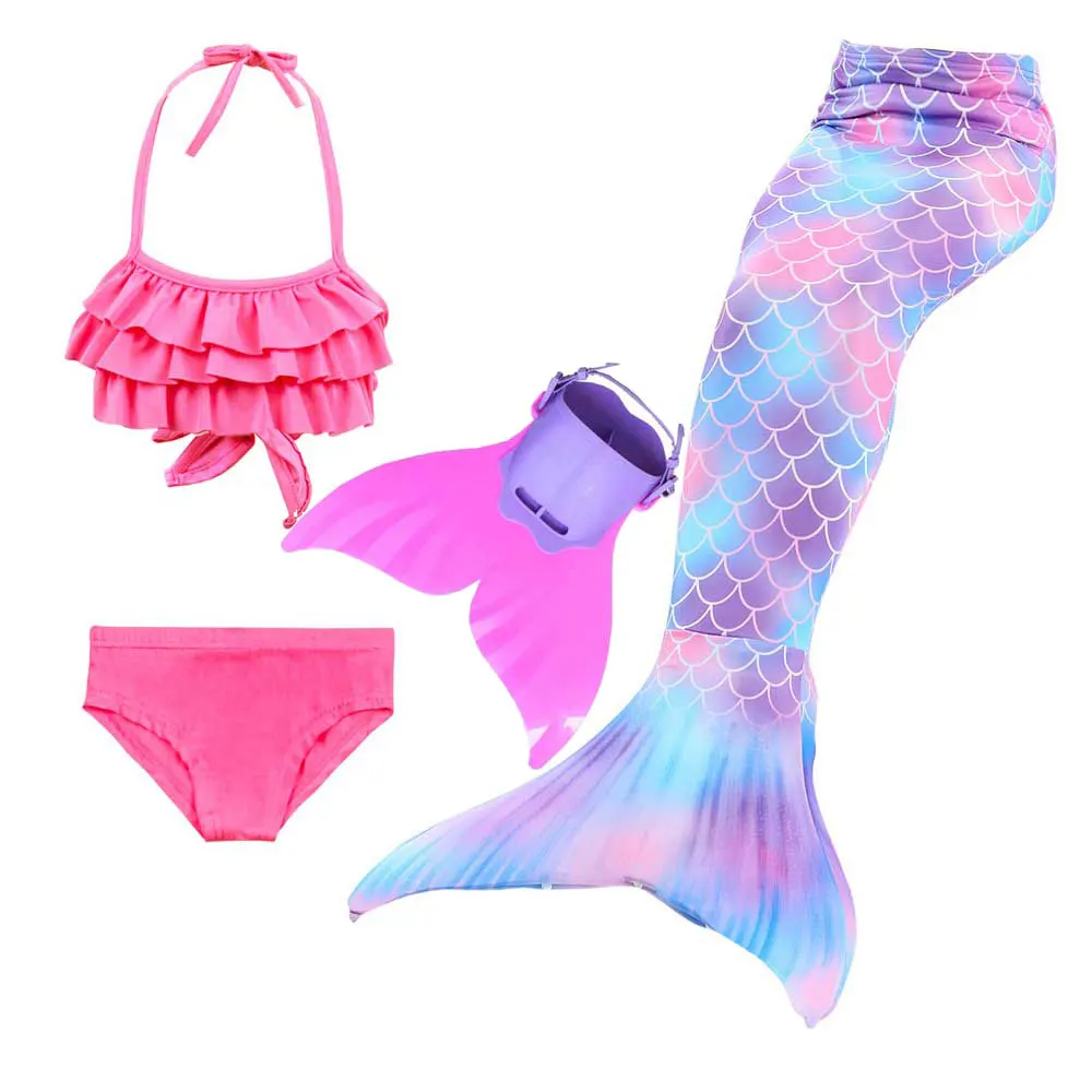4pcs Mermaid Set 5 Купальный костюм-бикини для девочек с хвостом русалки для плавания; Детский костюм принцессы Ариэль; Блестящие купальники и ласты - Цвет: 4pcs Mermaid Set 5