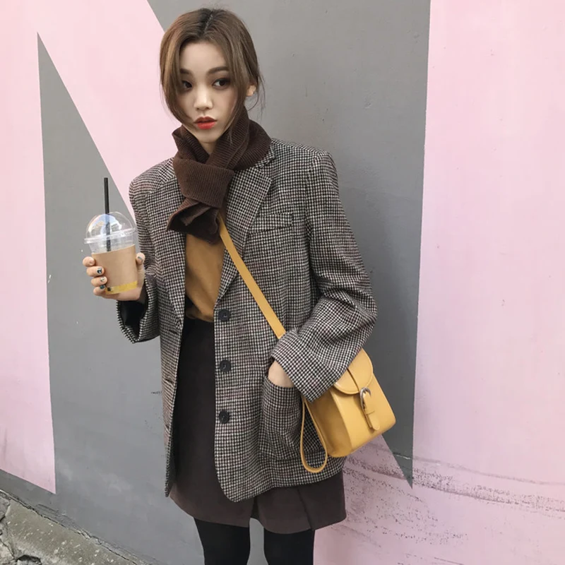 

Women Autumn Winter Overcoat Long Jacket Female Notched Collar Plaid Coat with Buttons Vintage Elegant Manteau Femme Hiver