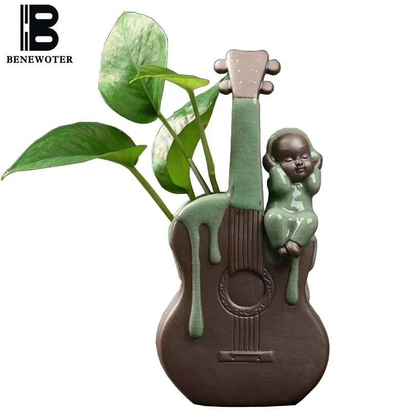 

Creative Guitar Shape Ceramic Hydroponics Plant Vase Container Chinese Style Zen Flowerpot Crafts Wedding Decor Patio Decoration