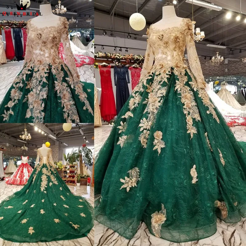 

Ball Gown Long Sleeve Tulle Flowers Beading Green Luxury Evening Dresses 100% Real Evening Gown 2021 Vestido De Festa KC71