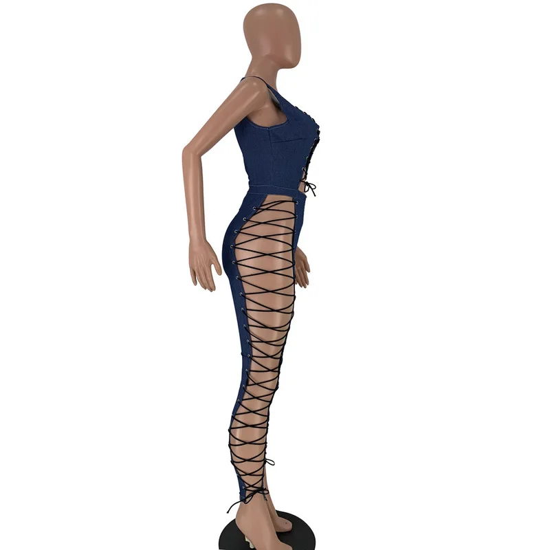 Женские комбинезоны из джинсовой ткани с вырезами комбинезон перекрестной