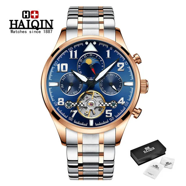 S-rose gold blue HAIQIN, мужские часы, автоматические механические, деловые часы, мужские, лучший бренд, Роскошные, военные, водонепроницаемые, турбийон, часы, Reloj Hombre - Цвет: S-rose gold blue