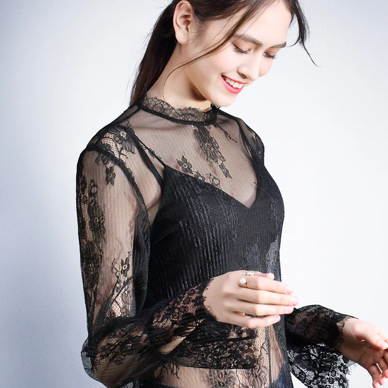 Черная Прозрачная Сексуальная кружевная нижняя рубашка с ресничками женский топ