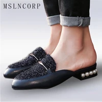 plus size 34 43 new summer solid pearl slippers flats with women slides simple elegant fashion shoes comfortable mules shoes