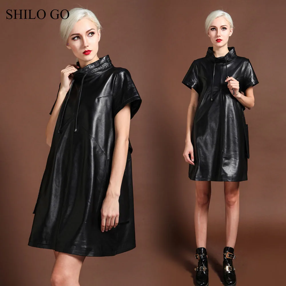 SHILO GO Leather Dress Womens Spring Fashion sheepskin genuine leather tie turtleneck collar short sleeve A Line dress | Женская одежда
