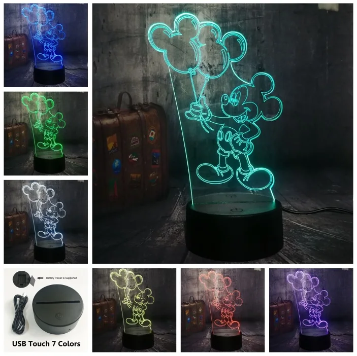 USB Touch 7 Color Милый 3D светодиодный ночник с изображением Микки Мауса, Настольный светильник, детский подарок на день рождения, Рождество, домашний декор - Испускаемый цвет: USB Touch 7 Color