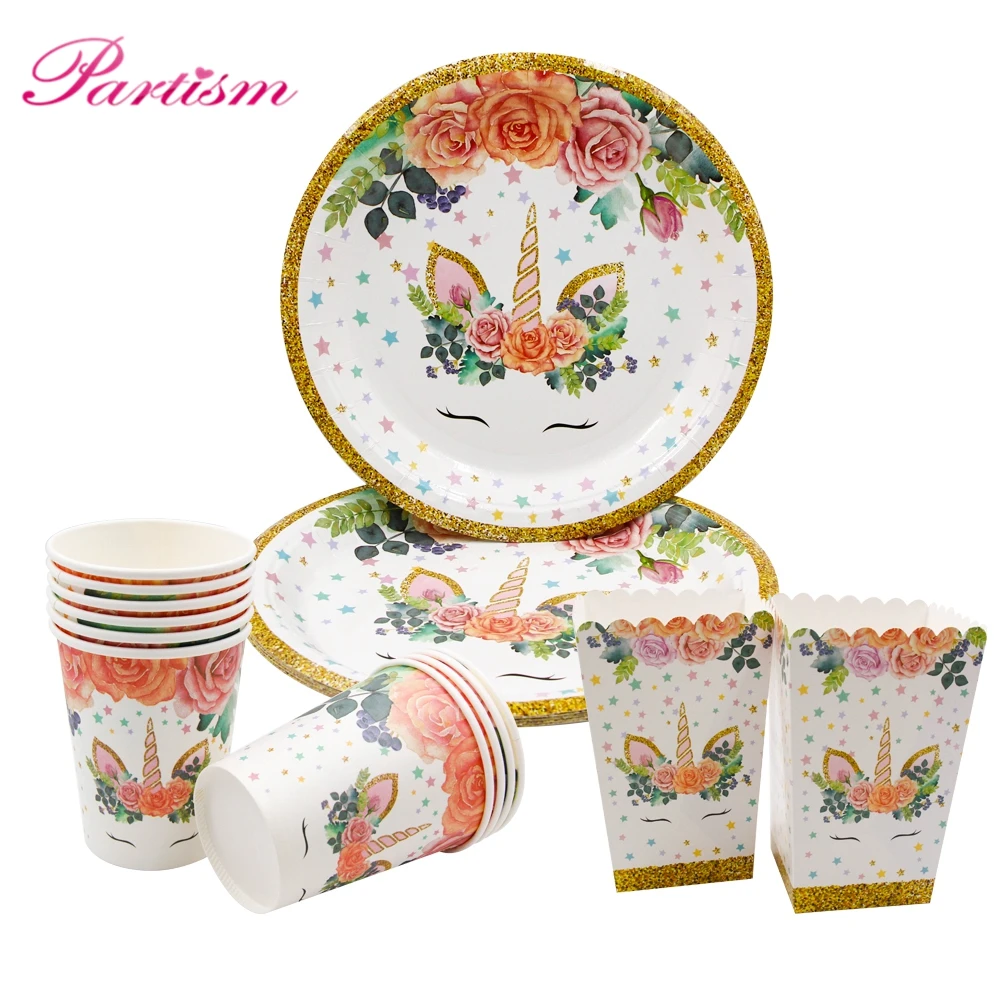 1 Set Happy Birthday Unicorn Disposable Tableware Paper Cup/Plate Banner Table Decoration Party Supplies | Дом и сад