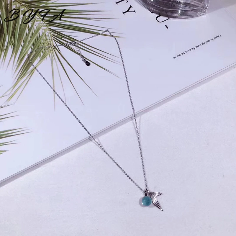 Women Silver Foam Tail Mermaid Pendant Necklace Fish Shape Blue Crystal Bead Transparent Clavicle Chain Jewelry Girl|Ожерелья с