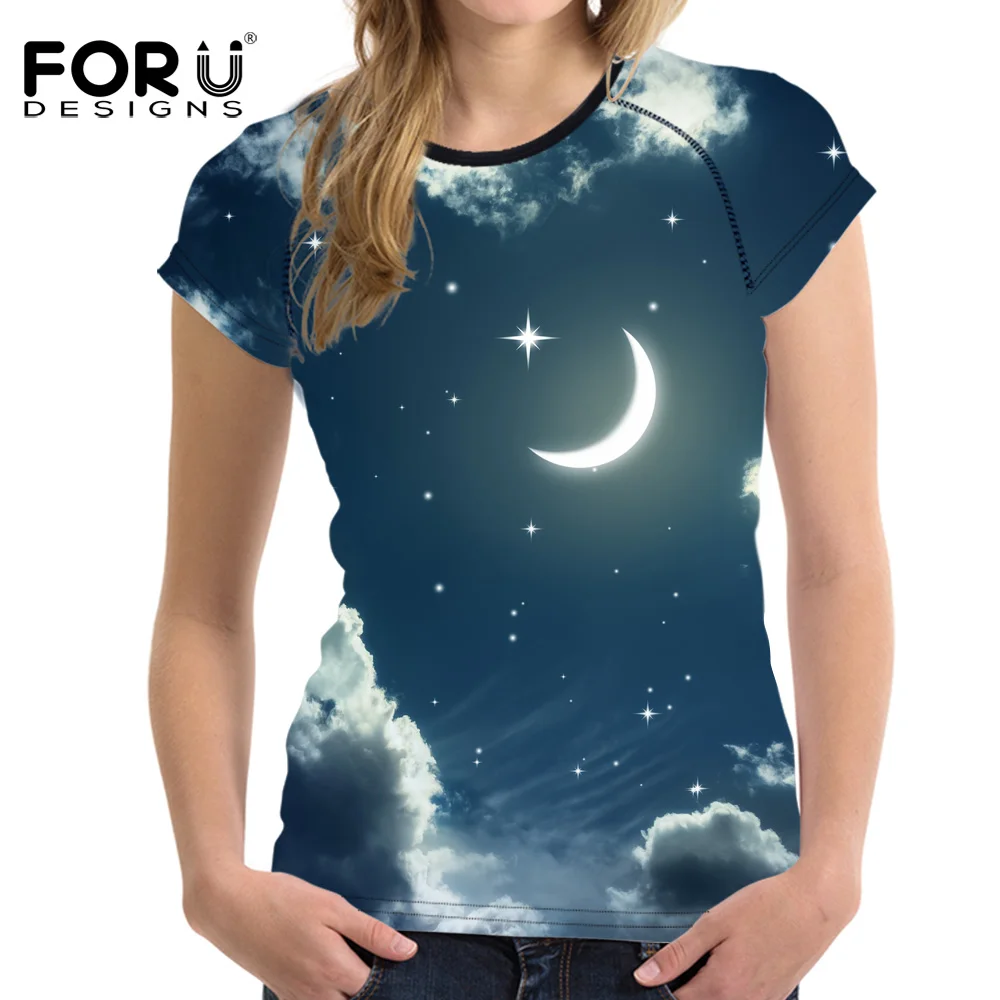FORUDESIGNS/Яркая футболка с 3D Галактикой, Женская Повседневная классная облегающая одежда с изображением Луны и космоса для девушек, женские топы, летняя футболка XXL