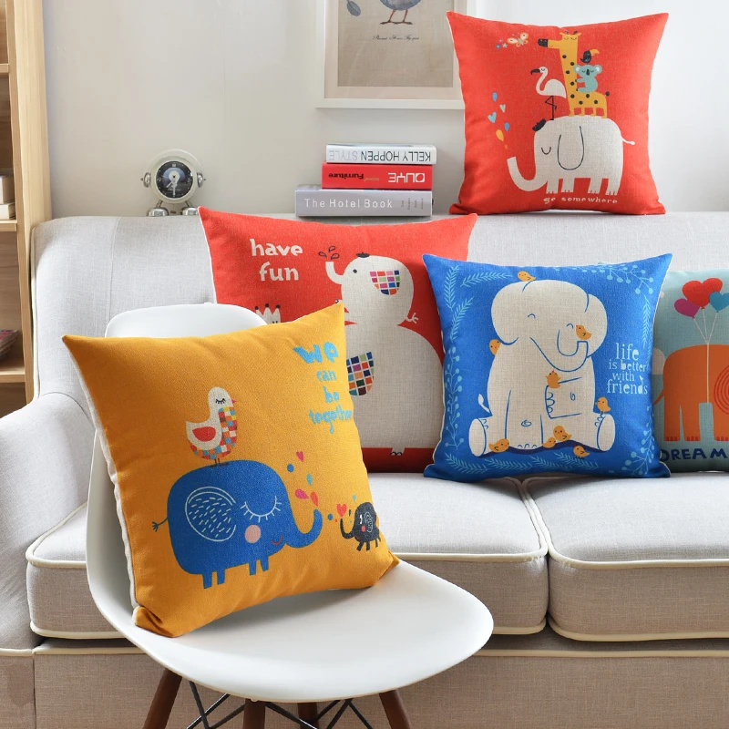 Чехол для подушки с милым слоном льняной мультяшный животный чехол красочный
