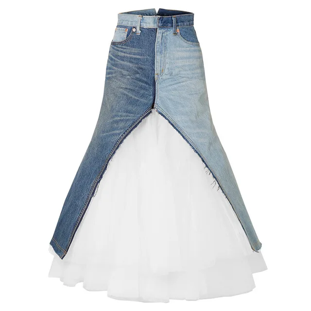 

Runway Women Long Maxi Skirt Jeans Tutu Tulle Splice High Quality Mesh Ball Gown Skirt Fashion Designer Luxury Denim Skirt 2020