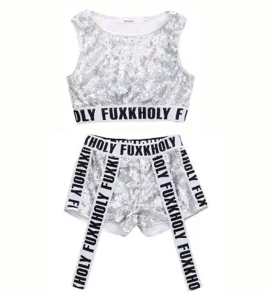 

Kids Jazz Hip Hop Modern Dance Costumes For Girls Silver Sequin Dancing Wear Clothing Children Sports Suit Outfits