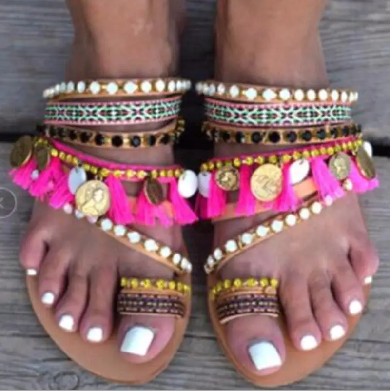 Женские летние пляжные сандалии на плоской подошве Женская обувь в богемном