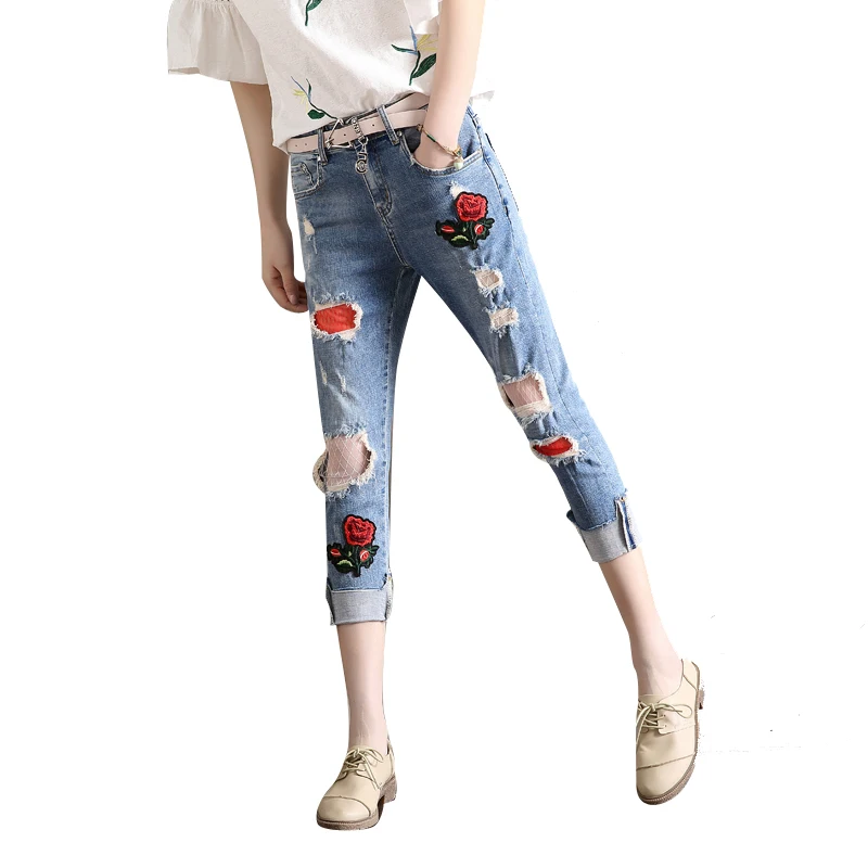 denim jeans panty women spring summer style autumn 2017 feminina fashion thin rose new hole embroidery pants female A3662 |