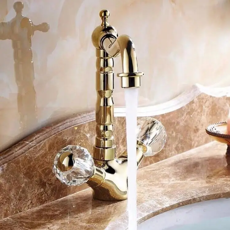 Золотистый смеситель для раковины в стиле ретро ванной комнаты с двойной