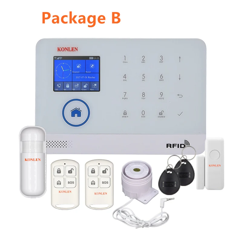 Package B KONLEN wifi GSM RFID охранная домашняя охранная сигнализация Беспроводная Android русская испанская Голосовая Солнечная Сирена датчик дыма двери - Цвет: Package B
