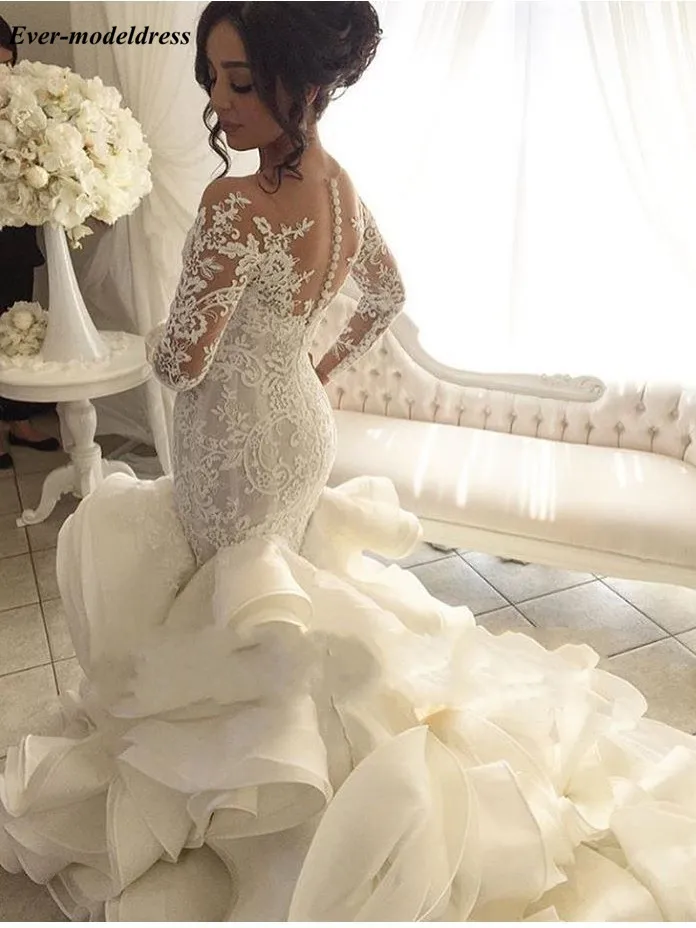 Vestido De Noiva Long Sleeves Appliques Lace Mermaid Sweep Train Ruffles Organza Wedding Dresses for Bride Plus Size Customized